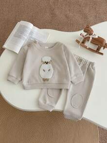 2Pcs/Set Baby Boys Cartoon Lamb Flocked Top & Pants Set, Comfortable 2 Pieces Outfit For Spring And Autumn - Apricot - View 10