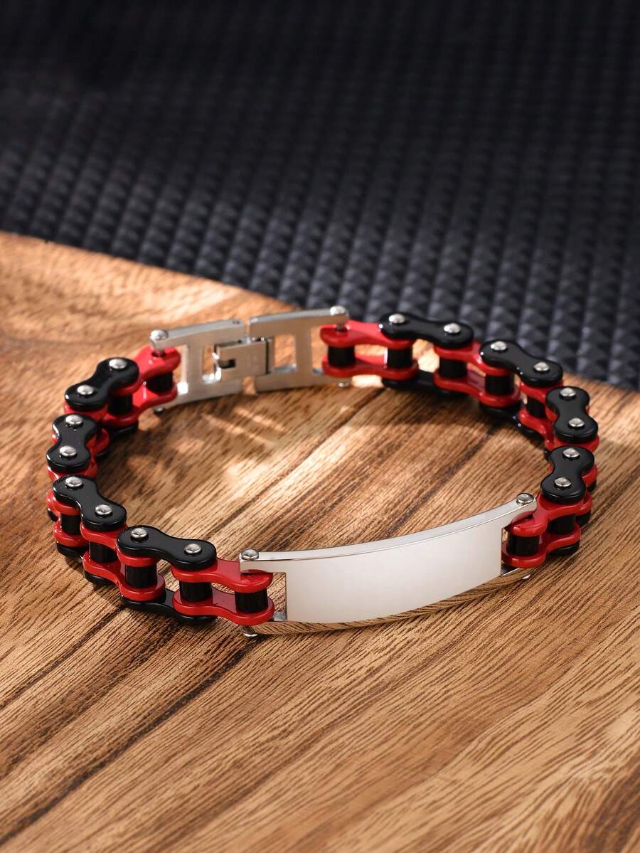 1pc Men's Stainless Steel Motorcycle Style Bracelet, Bicycle Chain ID Bar Design, Daily Wear, Birthday Gift For Father, Husband - Multicolor - View 1