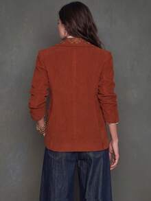 Women's Elegant Fashion Solid Color Pattern Embroidered Detail Lapel Pocket Long Sleeve Jacket, Office Daily Casual Commute Autumn Winter Christmas Halloween Outfit Blazer - Rust Orange - View 4