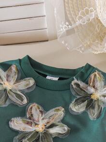 2pcs/Set Girls Toddler Casual Sporty Style 3D Floral Green Sweatshirt & Long Pants Set, Spring/Autumn - Green - View 3