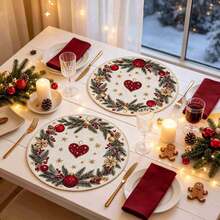 1/4/6pcs Christmas Series - Red & Gold Heart Pine Cone Christmas Wreath Hand-Painted Pattern Placemats, Made Of Polyester Fiber, Suitable For Home Kitchen, Kitchen Table Decoration And Party Scene Decoration - Multicolor - View 2