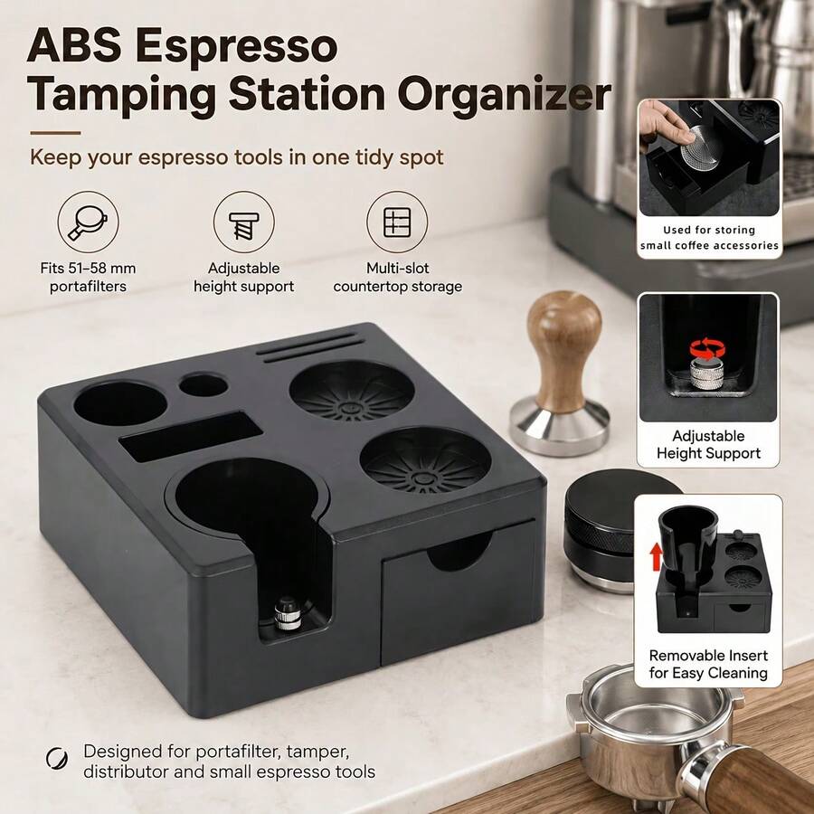 1pc Coffee Tamper Station, ABS Multi-Functional, Anti-Slip, Drawer-Style Espresso Tamper Base, Suitable For 51-58mm Coffee Accessories, Durable ABS Coffee Powder Distributor, Tamper Storage Holder, Handle Stand - Multicolor - View 1