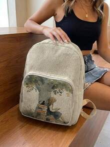 1 Piece Backpack, Women's Mini Backpack, Corduroy Girl School Bag, Travel Storage Bag, Character Printed Design, Large‑Capacity Foldable Easy‑To‑Store Bag, Lightweight & Pressure‑Relieving, Multi‑Pocket Layered Design With Zipper Closure - Reading Girl 3333410 - View 4