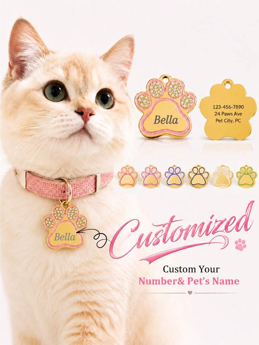 Custom Engraved Pet Name Tags, Personalized Pet Labels, Personalized Dog Collars, Pet Pendants, Cute Cat And Dog Name Tags, Custom Dog Tag Pendants, Personalized Cat And Dog Pet Identification Name Pendants, Custom Decorative, Engraved, Stainless Steel Pet Collar Tags Pendants. - Multicolor - View 1