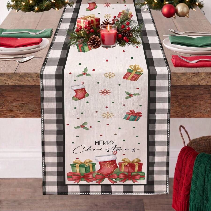 1pc Christmas Stocking Gift Box Snowflake Holly Leaf Plaid Print Table Runner, Suitable For Holiday, Party, Birthday, Dinner, Restaurant Table Decor, Christmas Autumn Winter Home Decoration - Multicolor - View 1