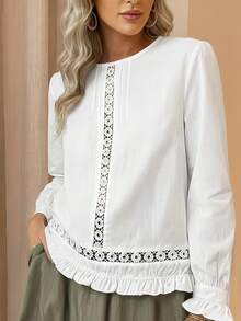 Plus Size Women's Solid Color Round Neck Lace Patchwork Hollow Design Long Sleeve Elegant Blouse Casual Top - White - View 1