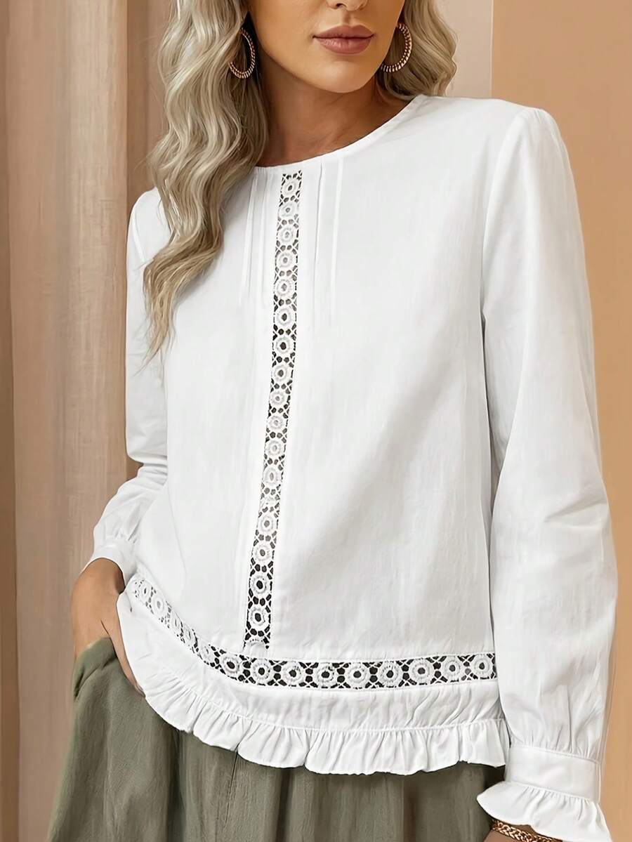 Plus Size Women's Solid Color Round Neck Lace Patchwork Hollow Design Long Sleeve Elegant Blouse Casual Top - White - View 1