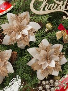 1/10/20/30pcs Glitter Poinsettia Christmas Tree Decorations - Artificial Poinsettia Flowers With Clips, Suitable For Holiday Wreath Decor, Christmas And New Year Holiday Decorations - Champagne - View 3