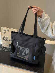 Tote Bag With Transparent Front Pocket For Customizable Decorative Cards, Detachable Small Round Side Pouch, Wide Strap For Comfortable Long-Term Wear, Multi-Compartment Storage, Suitable For Students' School And Travel, Versatile And With A Vibrant Personalized - Black - View 5