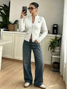 Women Solid Cable Knit Cardigan, Long Sleeve Soft Knit Sweater, Minimal Elegant Commuter Top For Office Daily Date Vacation Fall Winter - White - View 3