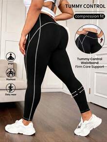 1pc Plus Size Yoga Pants, Tummy Control Waist-Flattering Fashion Minimalist Women's Leggings, Spring/Summer/Autumn/Winter - Black - View 4