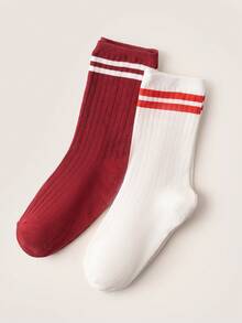 2 Pairs Of Red And White Women's Double-Leg Stockings, With An Athletic Academy Style - Multicolor - View 2