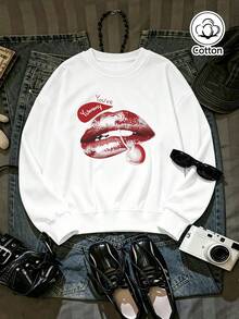 Women's Loose Fit Crew Neck Sweatshirt With Red Lips Print & 'You're Yummy' Slogan, Breathable Cotton, - White - View 3