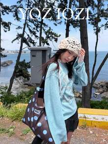 Korean Style Niche Design Colorblock Fashion Large Capacity Blue Polka Dot Versatile Handbag Shoulder Bag Tote Bag For Women - Coffee - View 1