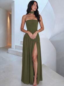 Women's Elegant Sexy Solid Color Slit Party Holiday Vacation Dress, Deep Green Wedding Spring Fall - Dark Green - View 1