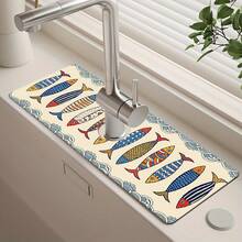 1pc Sink Faucet Absorbent Mat, Fish Pattern Drainage Pad, Suitable For Kitchen, Bathroom Sink, Countertop, Drainage Mat, Diatomaceous Earth Material, Trimmable, Quick Drying Mat - Multicolor - View 2