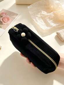 1pc Large Capacity Corduroy Makeup Bag, Floral Charm Minimalist Solid Color Pencil Case, Student Stationery Storage Essential, Multi-Functional Travel Organizer, Y2K Fashion Travel Cosmetic Bag - View 16