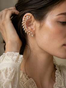 outingfit 1 Pair Luxury Leaf Ear Cuff Earrings With Rhinestones, High-End Hanging Earrings For Women, Party Accessories - Gold - View 4