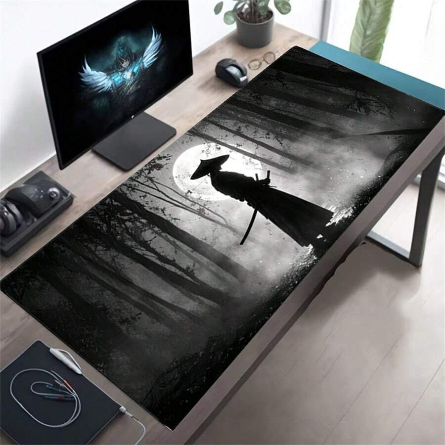 1 Swordsman Large Gaming Mouse Pad, Black Silhouette Extended Desk Mat, Office Desk Accessory Non-Slip Stitched Edge Computer Pad, Rubber Base Laptop Keyboard Pad, Durable Spill-Proof For Home Office Gaming - View 1