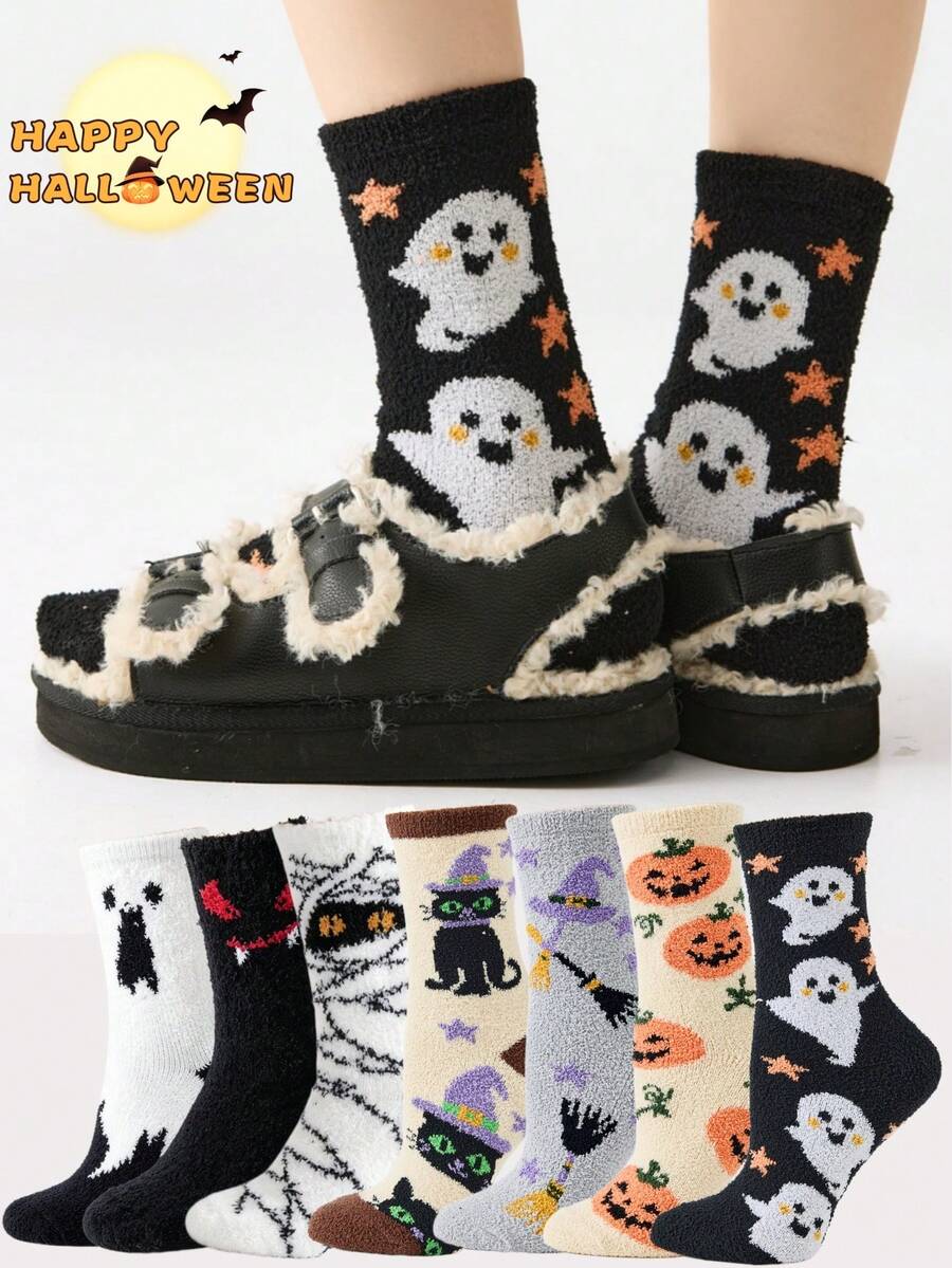 1/2/3 Pairs Of Plush Socks With Ghost And Bat Patterns, Cute And Fun Halloween Socks, Winter Women's Long Stockings And Pumpkin Socks For Couples - Multicolor - View 1