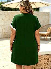Plus Size Women's Floral Print Batwing Sleeve Front Zipper Casual Dress - Green - View 3