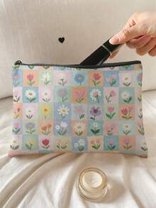 1pc Kids Pastel Multicolor Checkered Floral Print Zipper Closure Portable Makeup Pouch,Lightweight Toiletry Organizer For Travel Daily Storage Or Gift - Multicolor - View 9