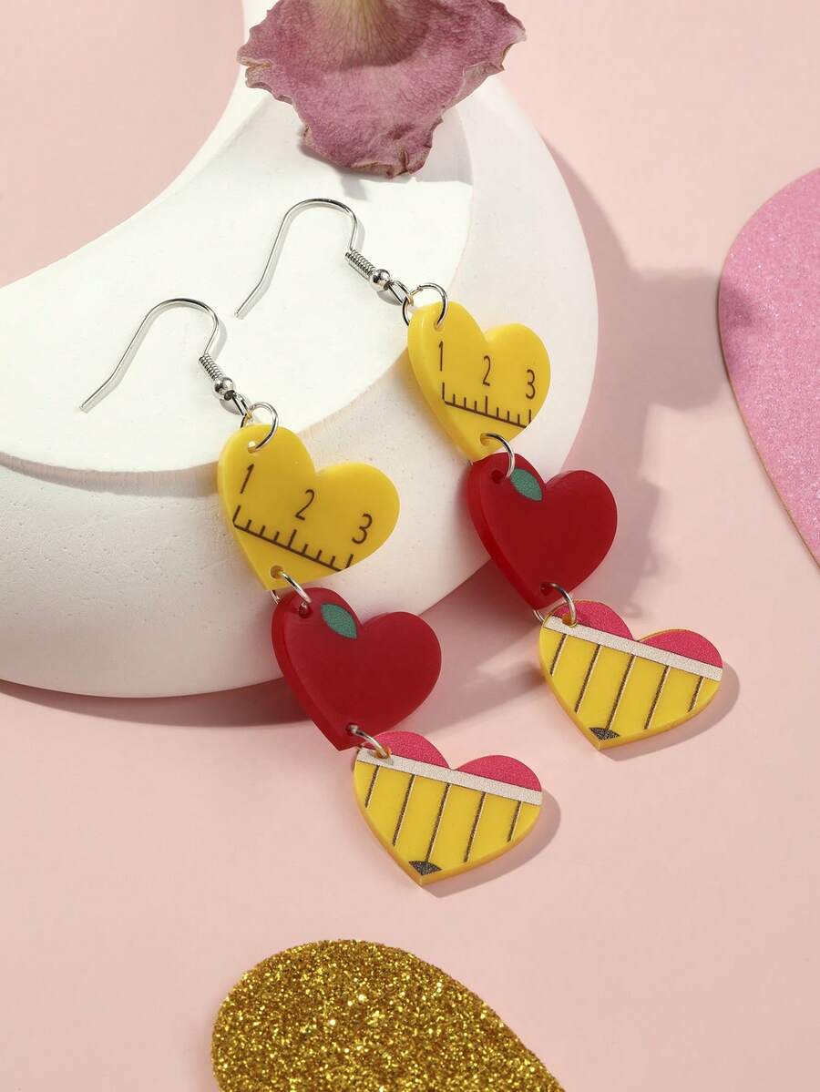 1Pair Cute Acrylic Number Apple Pencil Ruler Printed Heart Shape Drop ...