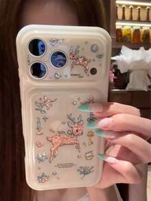 Ins Vintage Laser Flower & Deer Pattern Protective Phone Case Compatible With Iphone 17 Pro Max/16 Pro/15, Personalized Girls' Anti-Drop Cover - White - View 3