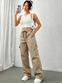 AIbart Women's Casual Low-Stretch Cargo Pants, European & American Style, Multi-Pocket Outdoor Straight Leg - Khaki - View 3