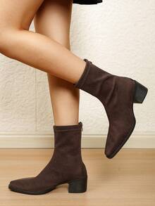 1 Pair Women's Fashion Solid Color Velvet-Feel Sexy Mid-Calf Boots, Versatile Comfortable Slouchy Leg Boots - Brown - View 4