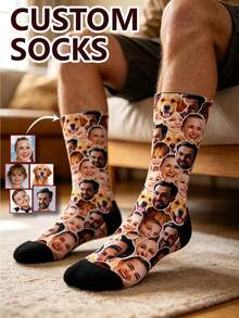1 Pair Customized Face Socks, Personalized Pet & Person Photo Mid-Calf Socks, Unique Custom Gift, Suitable For Birthday, Anniversary, Valentine's Day, Pet Lovers - Multicolor - View 2