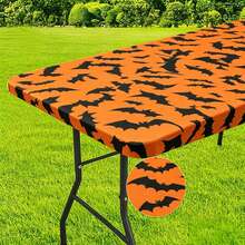 Halloween Orange Bat Print Elastic Tablecloth, Suitable For 4ft/6ft Party Decoration; Rectangular Folding Table Elastic Spandex Tablecloth, Combines Tabletop Protection Function, Suitable For Indoor And Outdoor Holiday Party Decoration, Reusable. - View 6