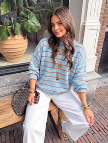 Women's Autumn Blue & Orange Striped Round Neck Knit Sweater, Dropped Shoulder Loose Short Pullover Top For Back To School And Daily Wear - Multicolor - View 1