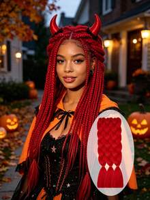 24 Inch 3pcs/Set Synthetic High Temperature Braiding Hair Extensions, Black Red Purple Blue Yellow Orange Multicolor Mixed Braiding Hair Pieces, Suitable For Women Daily, Party, Cosplay, Holiday, Halloween - Red - View 1