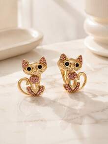 Cute Cat Stud Earrings For Women, Gold Tone Crystal Cat Earrings, Vintage Animal Design Earrings, Kawaii Daily Jewelry Gift - Gold - View 4
