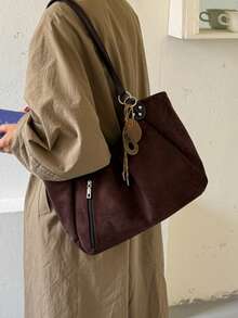 1pc Minimalist Vintage Solid Color Large Capacity Shoulder Bag Casual Lightweight Daily Tote Bag (Without Pendant) - Multicolor - View 3
