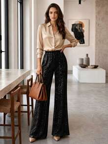 Women's Wide Leg Pants, Elegant Shiny Sequin High Waist Loose Long Trousers, Suitable For Nightclub Party - Black - View 1