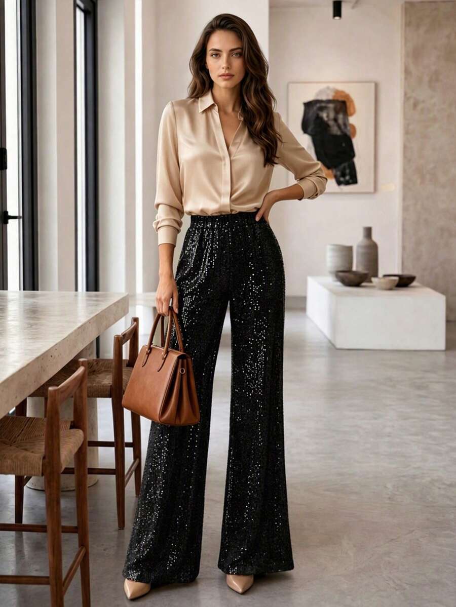 Women's Wide Leg Pants, Elegant Shiny Sequin High Waist Loose Long Trousers, Suitable For Nightclub Party - Black - View 1