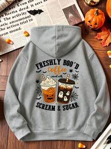 Plus-Size Women's Autumn/Winter Pullover Hoodie, Halloween-Themed Coffee Ghost Pumpkin Bat Print Drawstring Pocket Casual Versatile Sweatshirt. - Grey - View 3