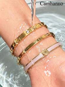 Camhanno Set Gelang Ukir Bertatahkan Warna Kontras 3 Buah, Perhiasan Pergelangan Tangan Stainless Steel Tahan Lama, Cocok untuk Kencan dan Acara Sehari-hari untuk Wanita - Emas - View 8