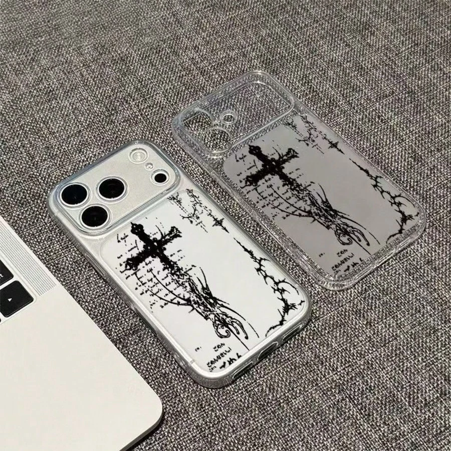 1pc Angel Cross Space Shell Compatible With Apple 17/16 Pro Max/15/14 Plus Transparent Phone Case - Black - View 1