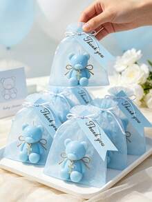 12/6/1 Set - Baptism Gift Set - Blue Teddy Bear Scented Candle Includes Blue Organza Bag And Blue Thank You Tag, DIY Fillable Gift Bag Suitable For Gender Reveal Party, Baby Shower Party Gift, Guest Favor, Christian Baptism, Communion, Church Event, Religious Gift, Ideal Party Favor - Multicolor - View 9