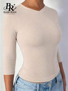 BADDIE REALM Kaos Lengan Panjang Slim Fit Elastis Wanita, Gaya Dasar Sehari-hari - Aprikot - View 9