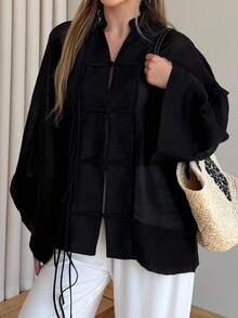 New Fashion Elegant Solid Color Women's Vintage Shirt, Home Wear All Season Top - Black - View 4