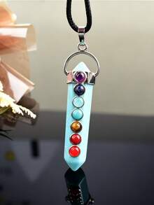 Natural Crystal Double-Pointed Pillar 7 Chakra Colorful Stone Pendant Necklace, Vintage Raw Stone Spiritual Jewelry Accessory - 7 Chakra Double Point Pendant - View 15
