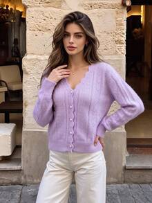Women's Light Purple Knitted Cardigan, Wavy Edge V-Neck Hollow Texture Pearl Button Long Sleeve Knit Jacket, Autumn - Mauve Purple - View 10
