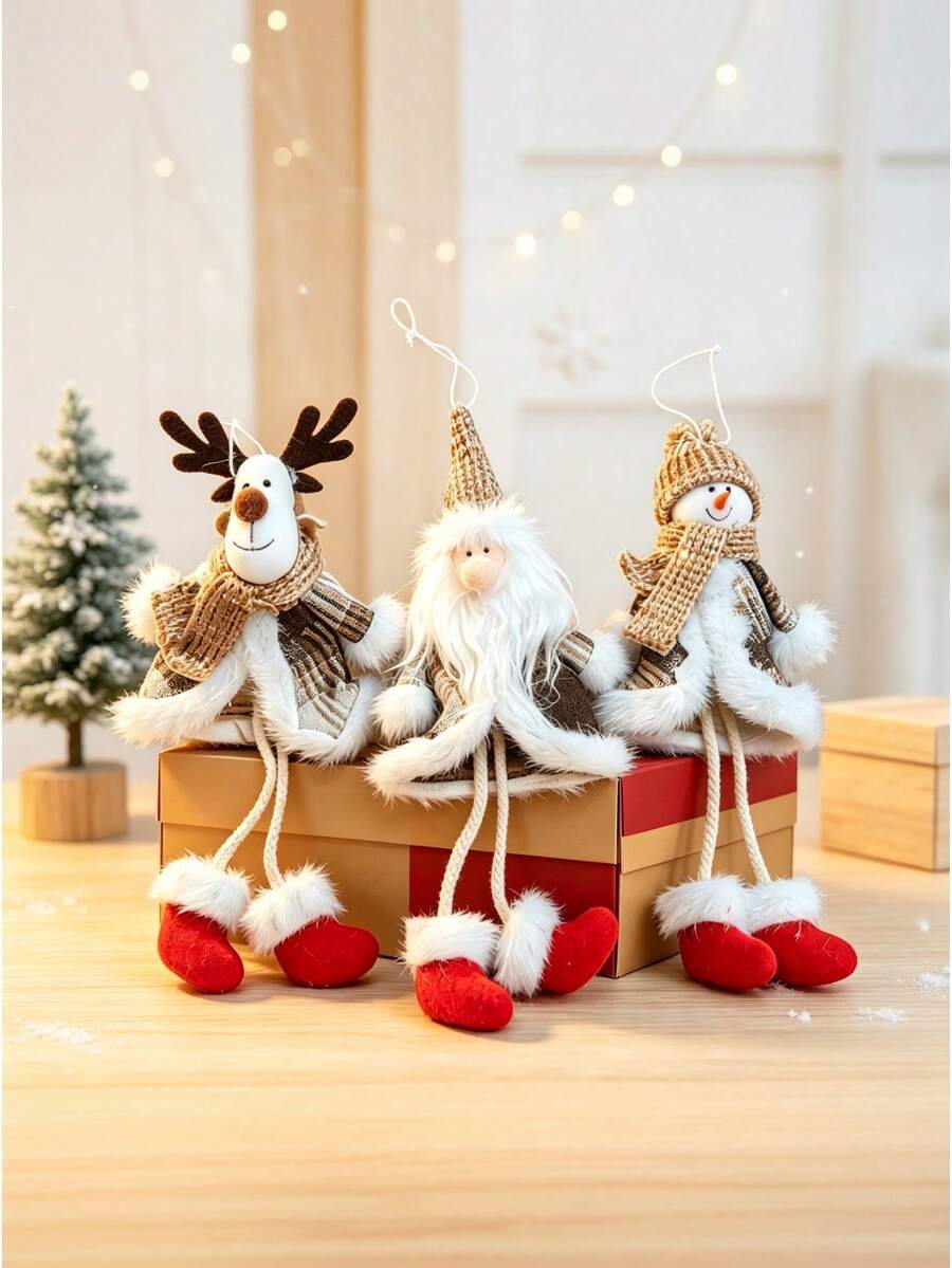 1pc Christmas Tree Hanging Ornament, Knitted Fabric Christmas Pendant, Snowman Reindeer Santa Claus Design, Holiday Home Wall And Christmas Tree Decoration, Winter Party Decor - A - View 1