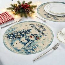 2/4/6/8/16pcs Round & Rectangular Placemats, Christmas Snowman Watercolor Christmas Tree Snowflake Print, Suitable For Home Kitchen Dining Table Decor And Christmas Party Atmosphere - Multicolor - View 7
