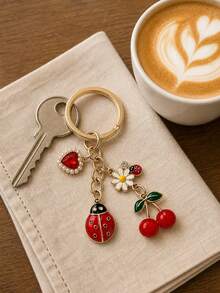 Enameled Alloy Ladybug Daisy Cherry Pendant, Cute Girly Backpack Charm, Exquisite Personal Accessory, Ladybug Keychain With Small Daisy, Cherry, And Heart Rhinestone Combination, Girly Heart Bag Charm, Versatile And Exquisite Car Keyring, Best Friend - Multicolor - View 4