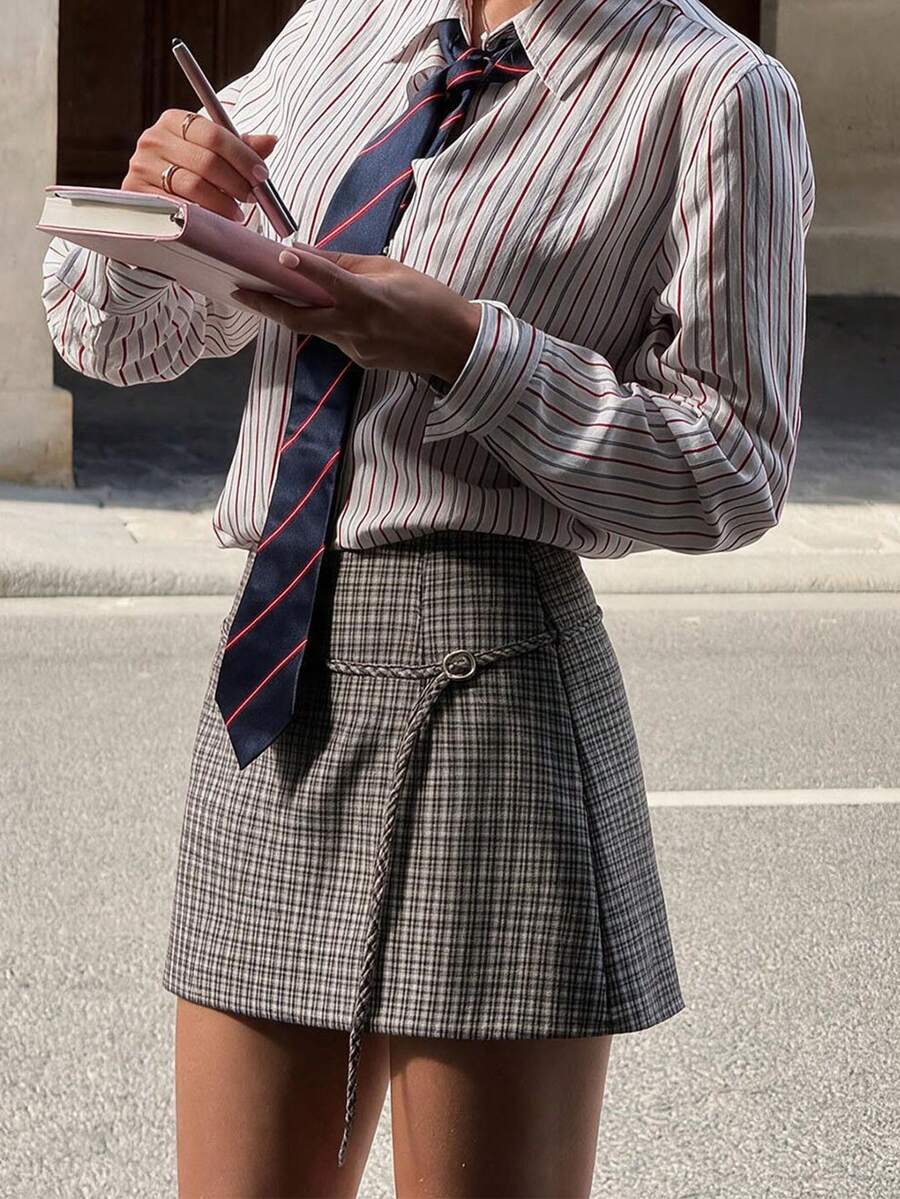QUNGIGU Women Casual Plaid Skort Preppy Style Mini Skirt Shorts For Daily Commuting Going Out Dating - Grey - View 1